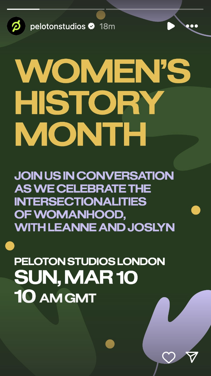 @PelotonStudios Instagram Story announcing WHM event at PSL. Image credit Peloton social media.